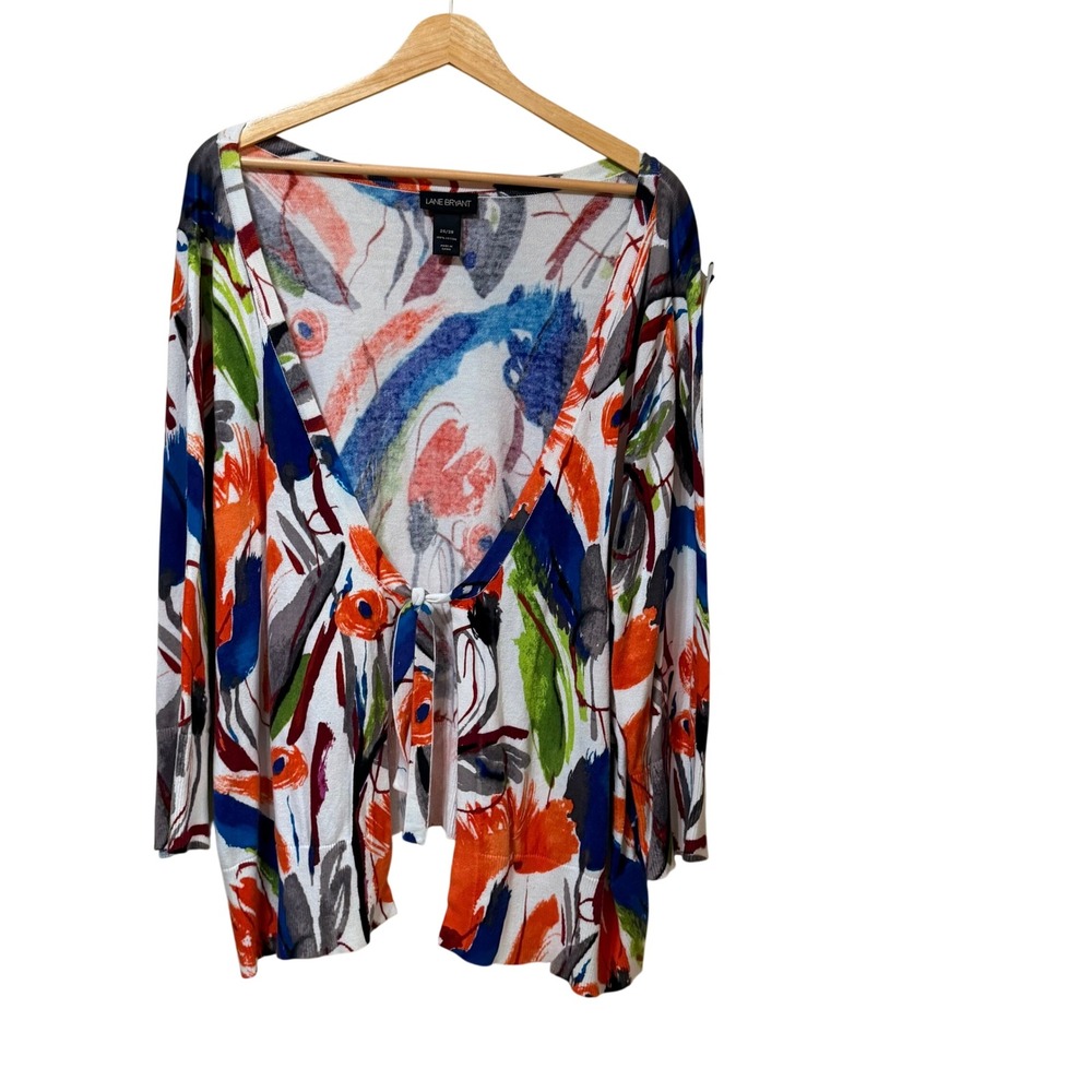 Lane Bryant 26/28 Cardigan Sweater Women Plus Size Abstract Floral Tie Cotton